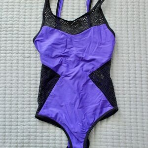 Royal Purple & Black Crochet Lace Full Coverage One Piece Swimsuit
